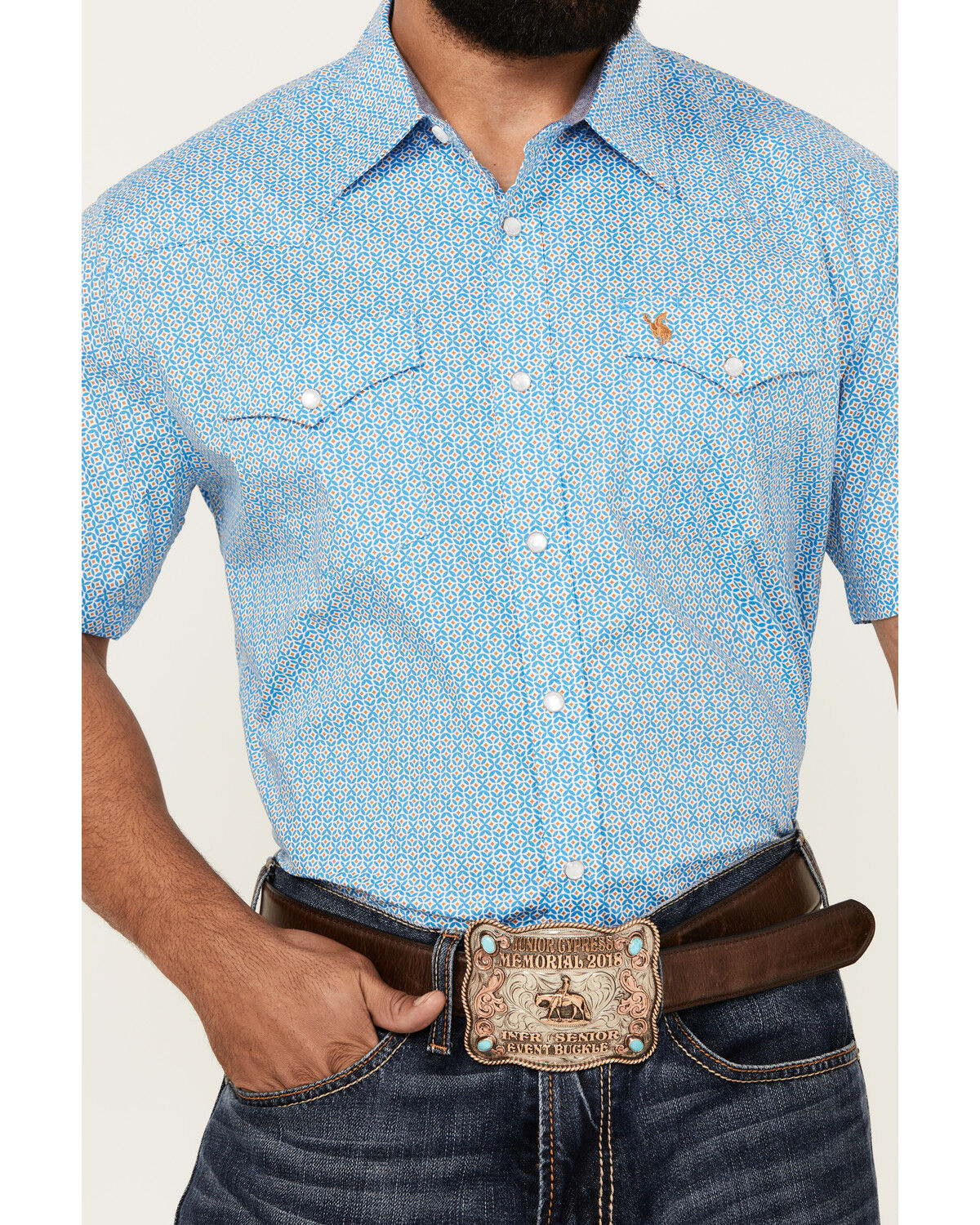 Image #3 - Rodeo Clothing Men's Boot Barn Exclusive Geo Print Short Sleeve Snap Western Shirt, Blue, hi-res