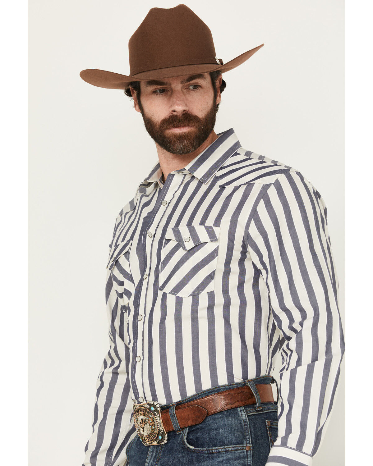 Image #2 - Panhandle Men's Striped Long Sleeve Pearl Snap Western Shirt, Cream, hi-res