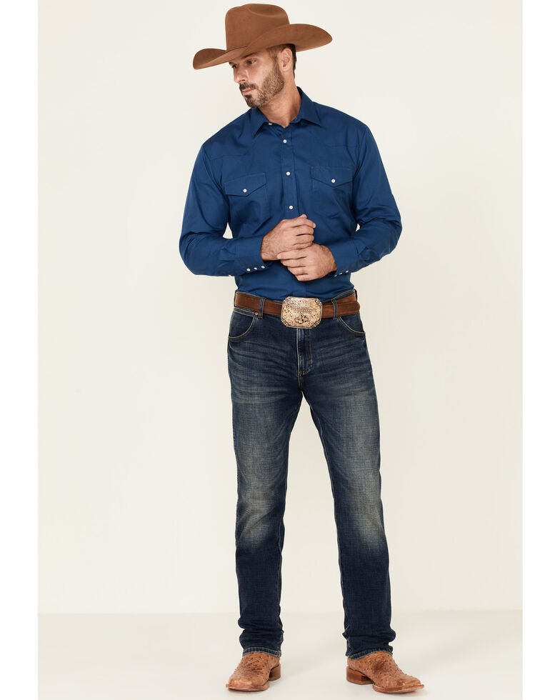 Roper Men's Broadcloth Long Sleeve Snap Western Shirt , Blue, hi-res
