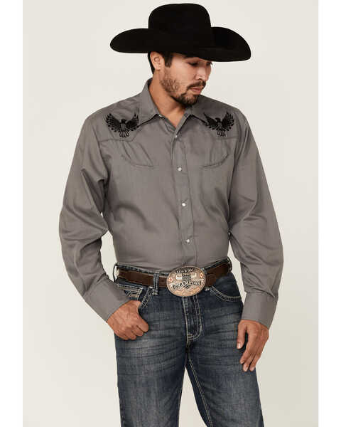 Image #2 - Roper Men's Solid Eagle Embroidered Long Sleeve Pearl Snap Western Shirt , Grey, hi-res