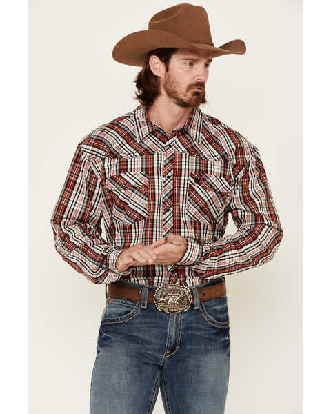 Cowboy Hardware Men's Rancher Plaid Long Sleeve Snap Western Shirt , Red, hi-res