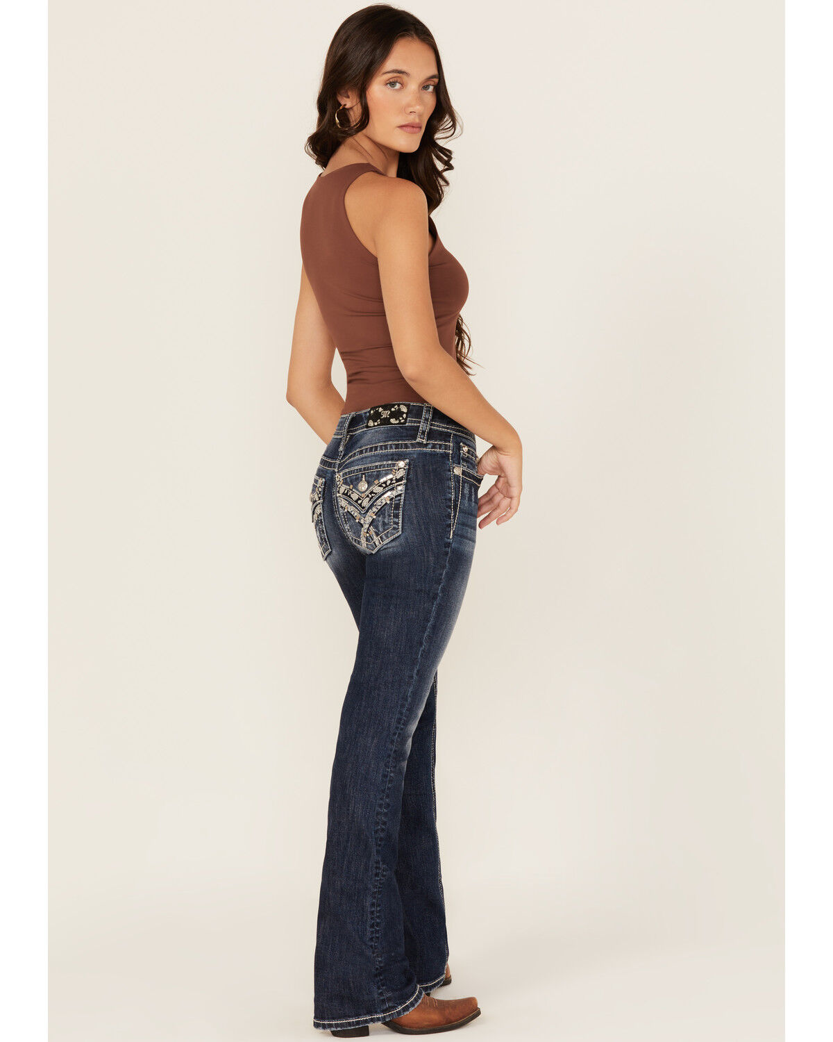 Image #1 - Miss Me Women's Dark Wash Mid Rise Paisley Pocket Bootcut Stretch Denim Jeans, Dark Wash, hi-res