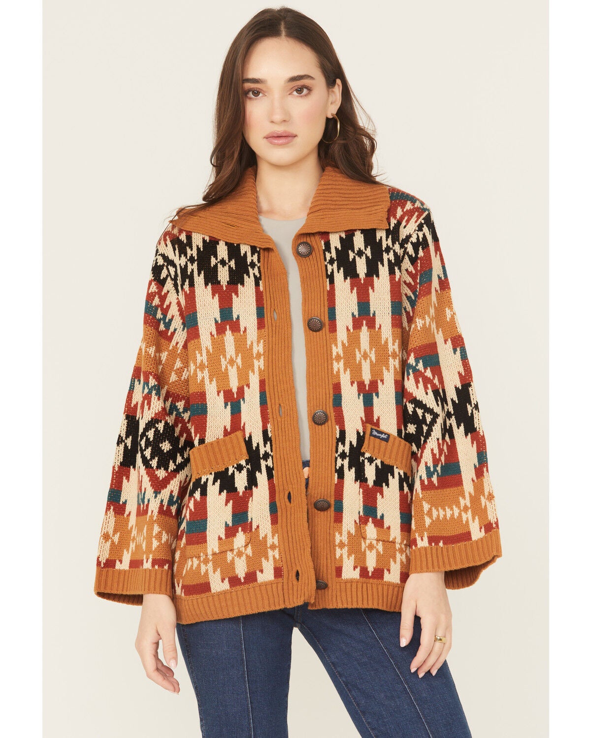 Wrangler Retro Women's Southwestern Button-Down Cardigan, Mustard, hi-res