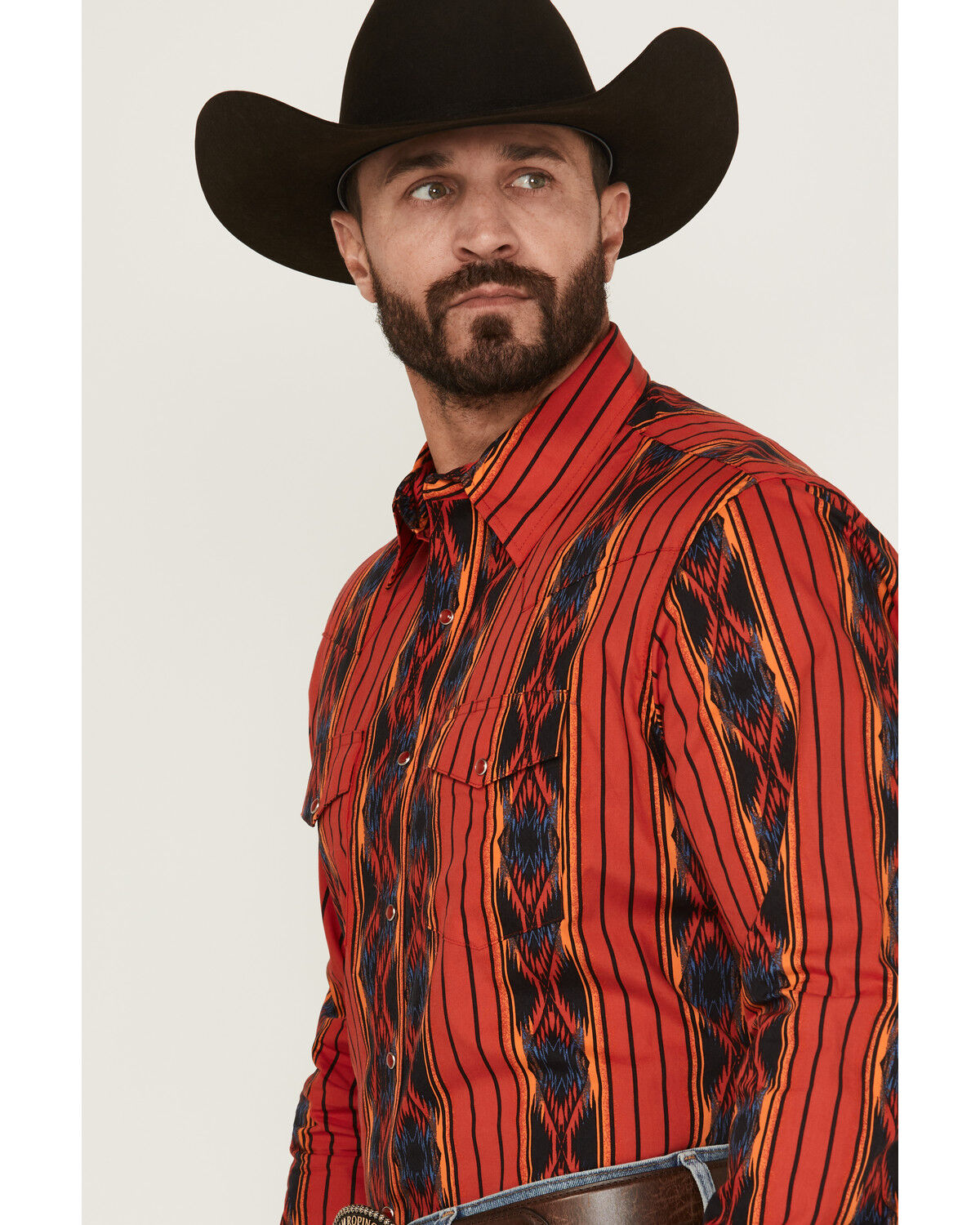 Image #2 - Wrangler Men's Checotah Southwestern Striped Print Long Sleeve Pearl Snap Western Shirt - Big, Red, hi-res