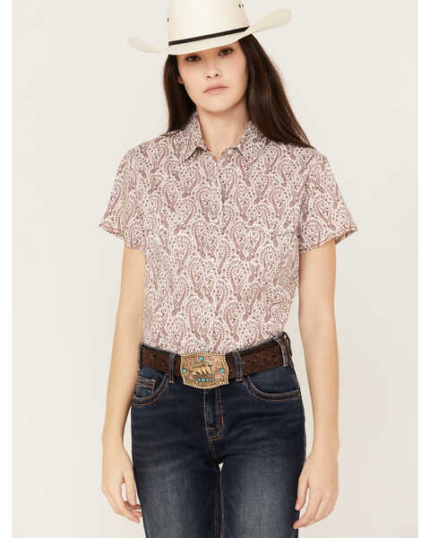 Rough Stock by Panhandle Women's Paisley Print Stretch Short Sleeve Western Snap Shirt, Rust Copper, hi-res