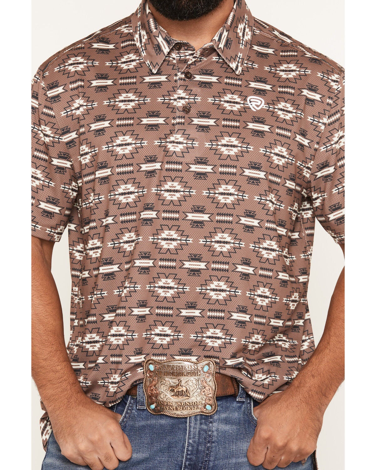Image #3 - Rock & Roll Denim Men's Southwestern Print Short Sleeve Button-Down Stretch Polo, Brown, hi-res