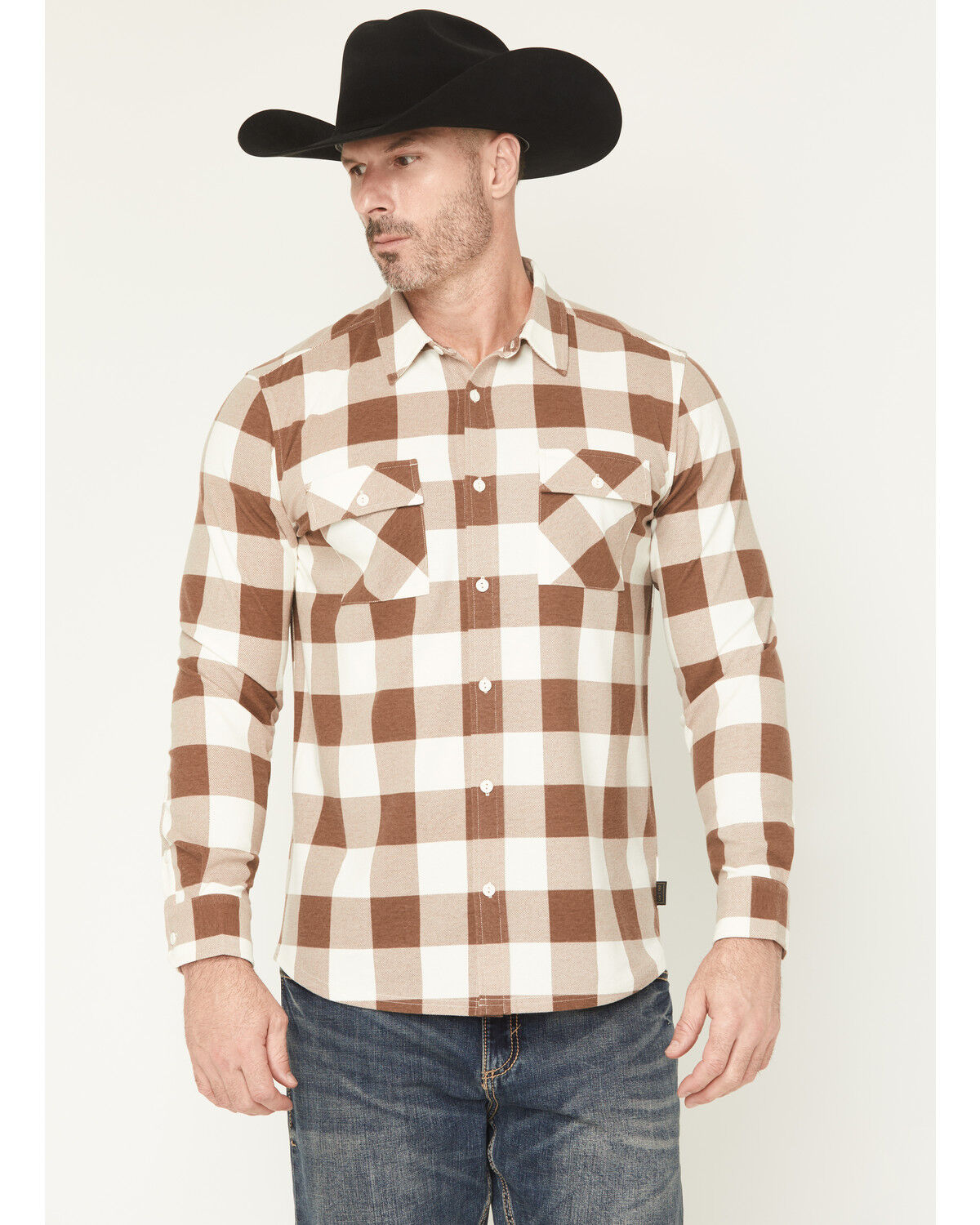 Image #1 - Brothers and Sons Men's Kent Double Knit Plaid Print Long Sleeve Button-Down Stretch Western Shirt, Brown, hi-res