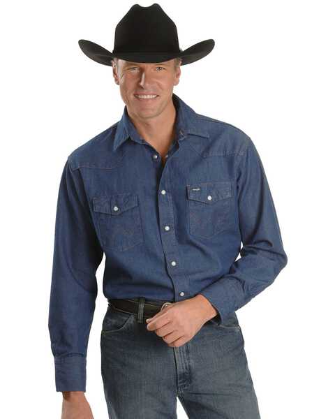 Image #1 - Wrangler Men's Cowboy Cut Rigid Denim Western Work Shirt, Denim, hi-res