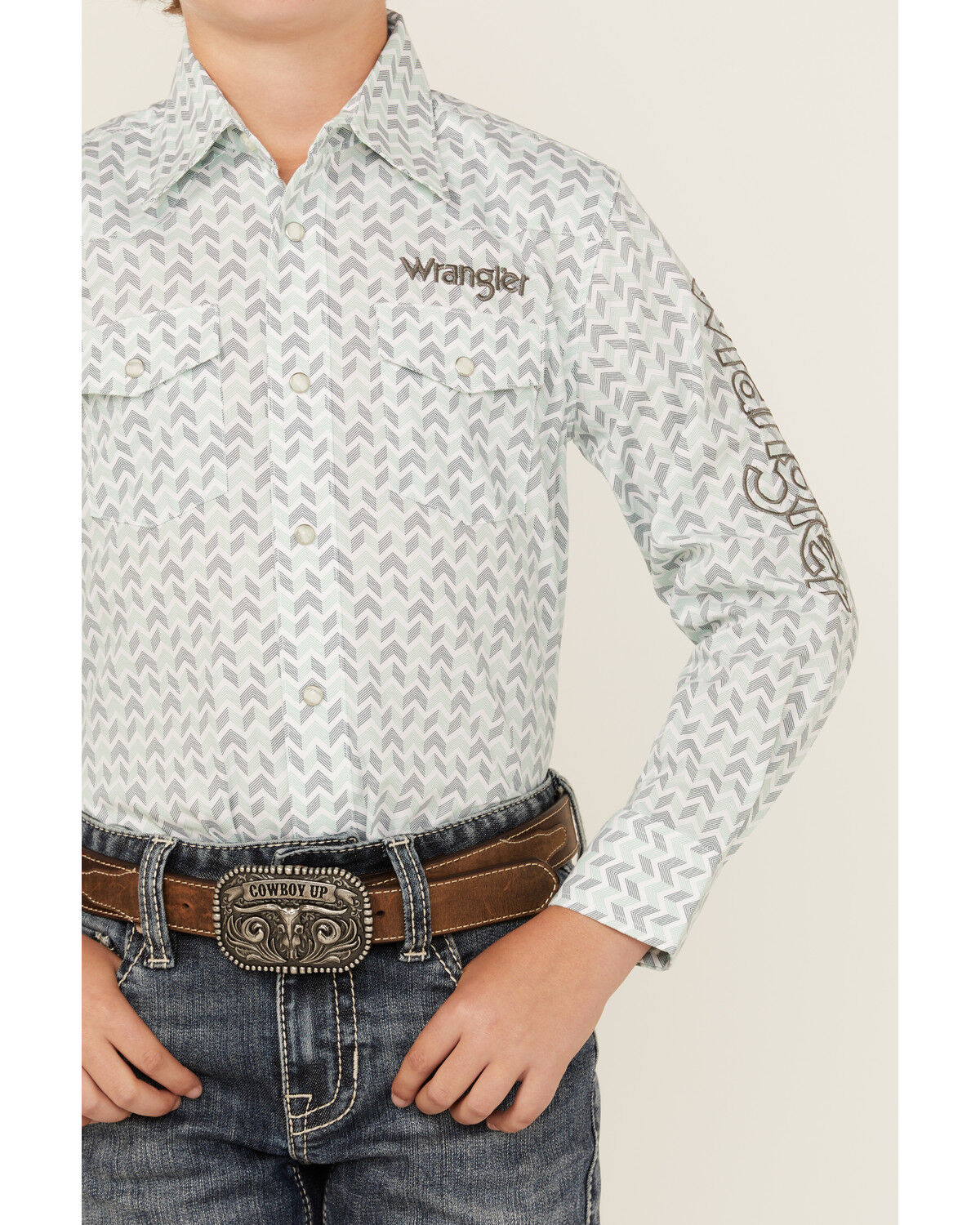 Image #3 - Wrangler Boys' Geo Print Logo Long Sleeve Pearl Snap Western Shirt, Aqua, hi-res