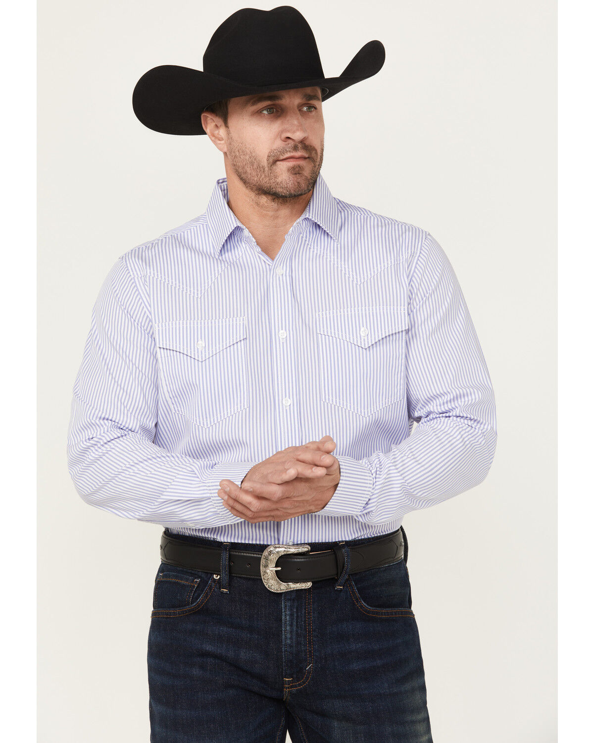 Image #1 - Cody James Black 1978® Men's Condor Striped Print Long Sleeve Button-Down Western Shirt, Light Blue, hi-res