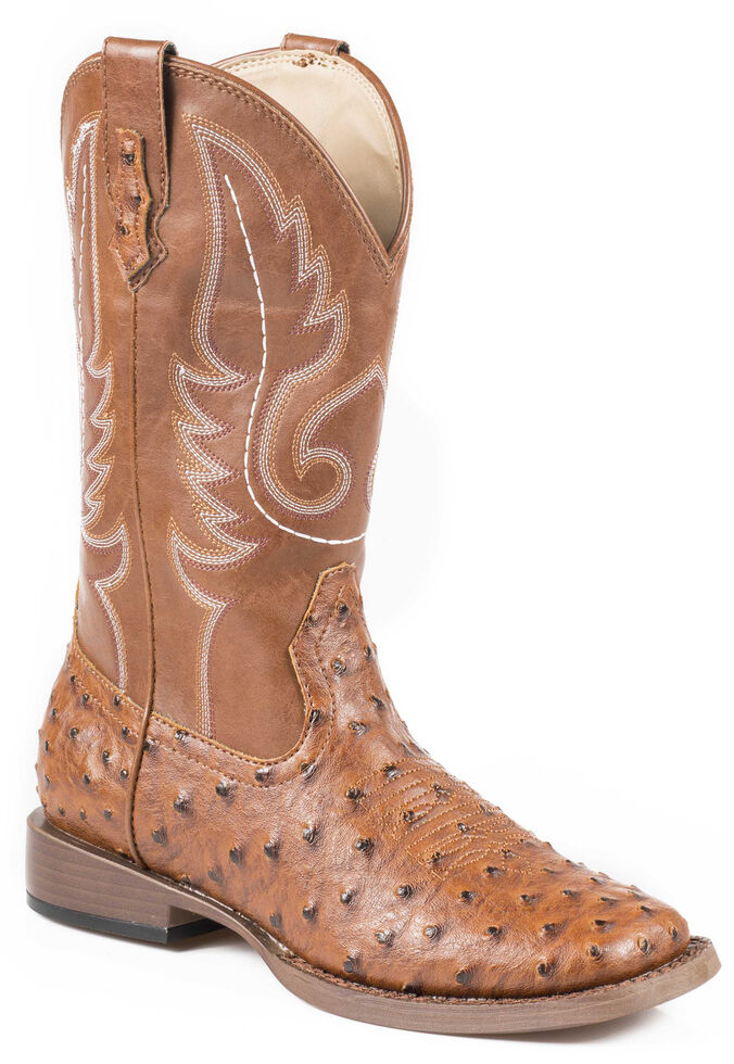 Roper Faux Ostrich Cowboy Boots - Wide Square Toe, Tan, hi-res