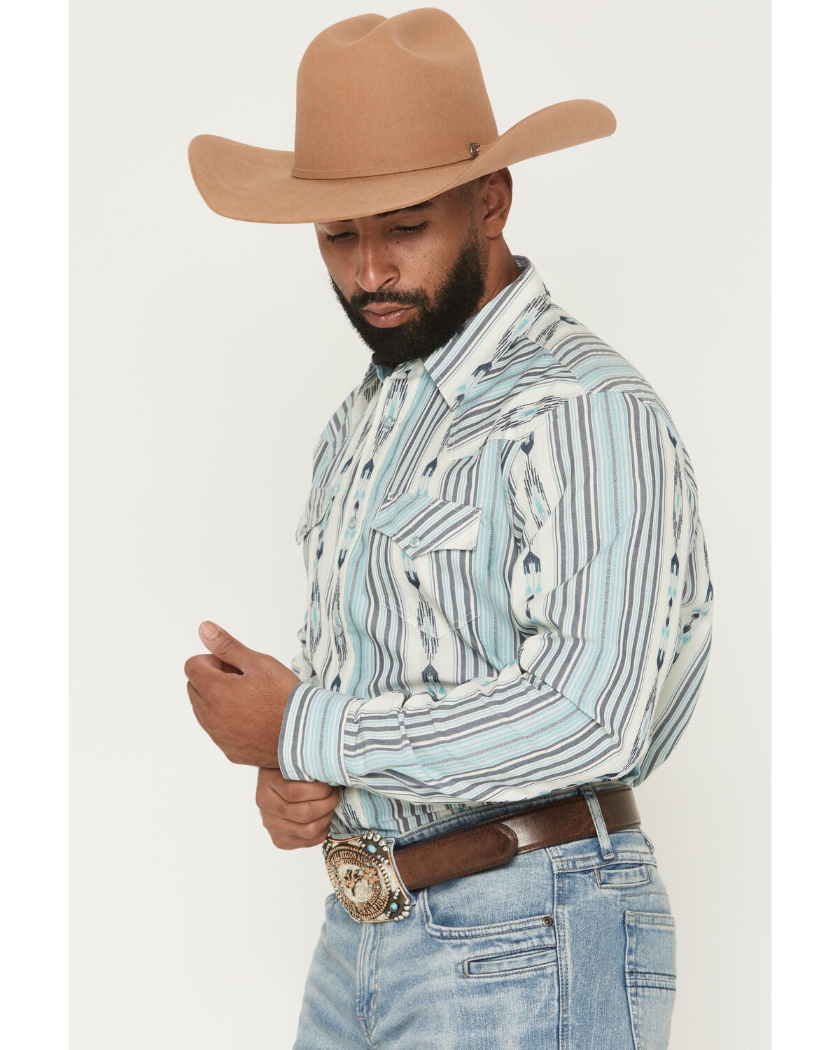 Image #2 - Cody James Men's Heath Southwestern Striped Long Sleeve Snap Stretch Western Shirt, Blue, hi-res