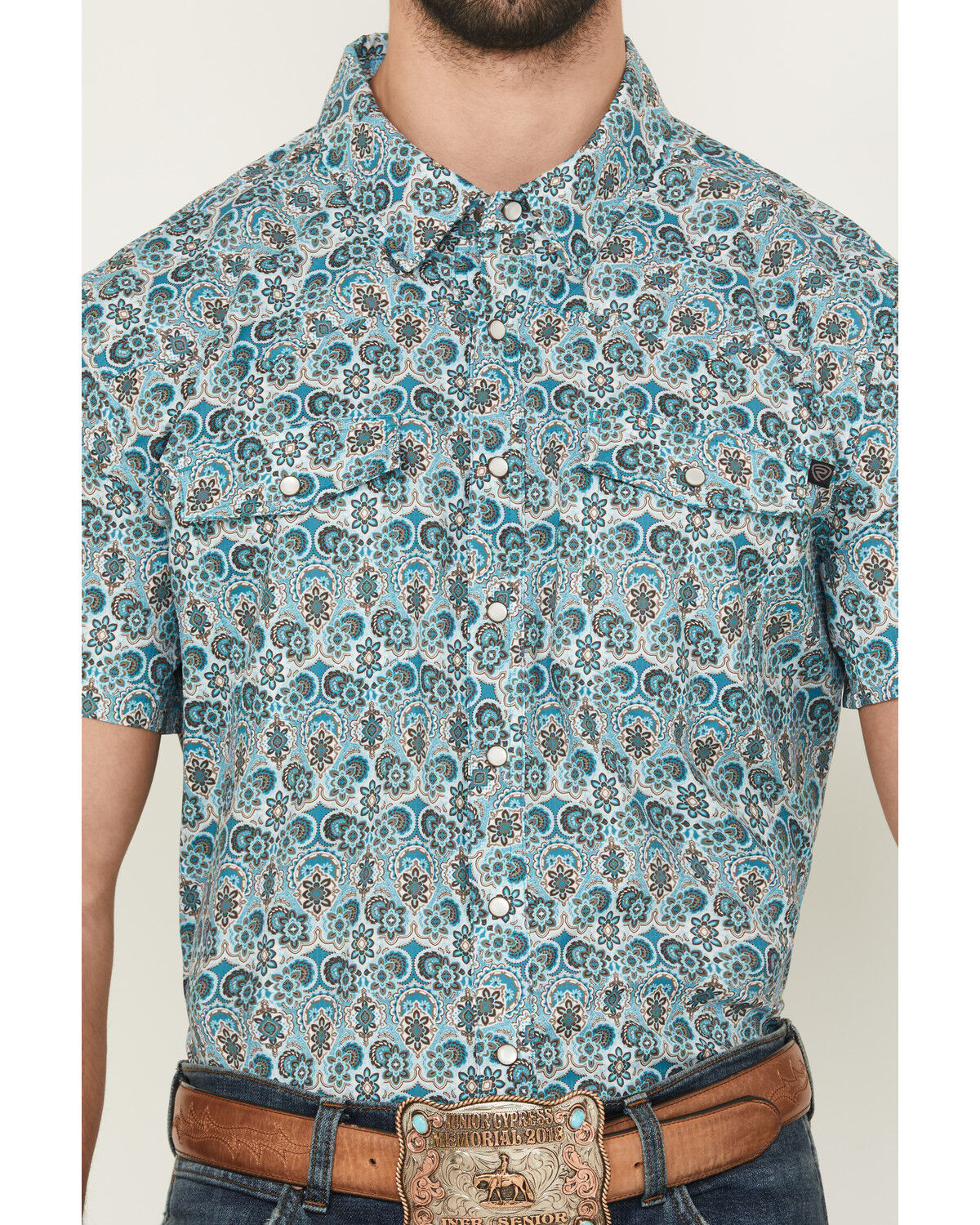 Image #3 - Rock & Roll Denim Men's Geo Floral Print Short Sleeve Pearl Snap Western Shirt, Teal, hi-res