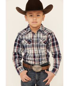 Cody James Toddler Boys' Bull Dobby Plaid Long Sleeve Snap Western Shirt , Navy, hi-res