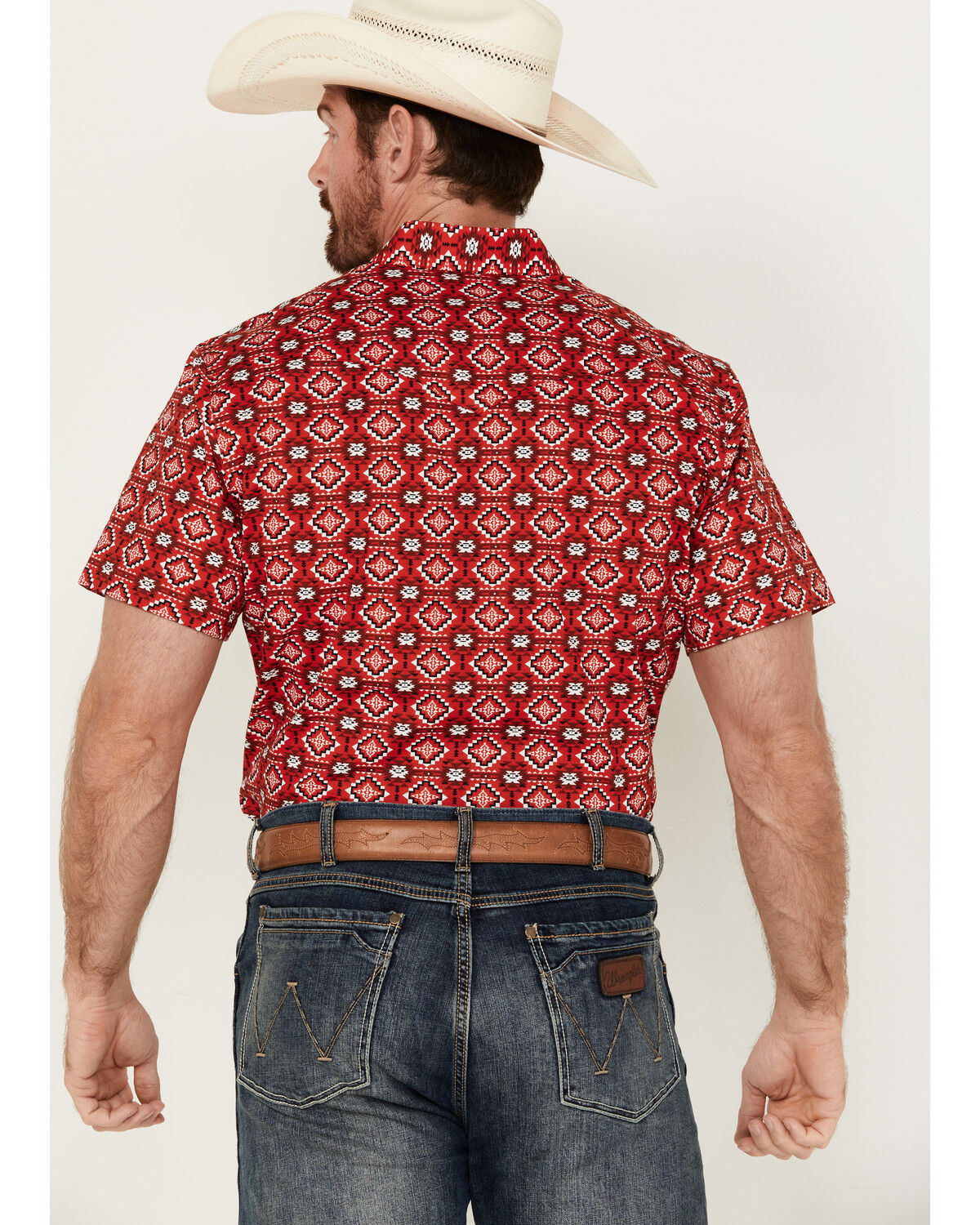 Image #4 - Rodeo Clothing Men's Southwestern Print Short Sleeve Pearl Snap Stretch Western Shirt, Red, hi-res