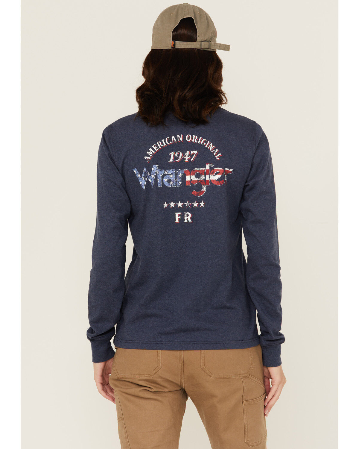 Image #1 - Wrangler Women's FR Americana Long Sleeve Graphic Work T-Shirt, Navy, hi-res