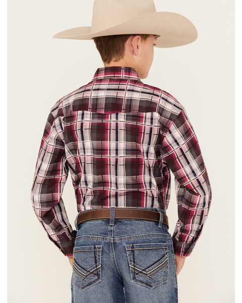Image #4 - Panhandle Boys' Plaid Print Long Sleeve Snap Western Shirt, Maroon, hi-res