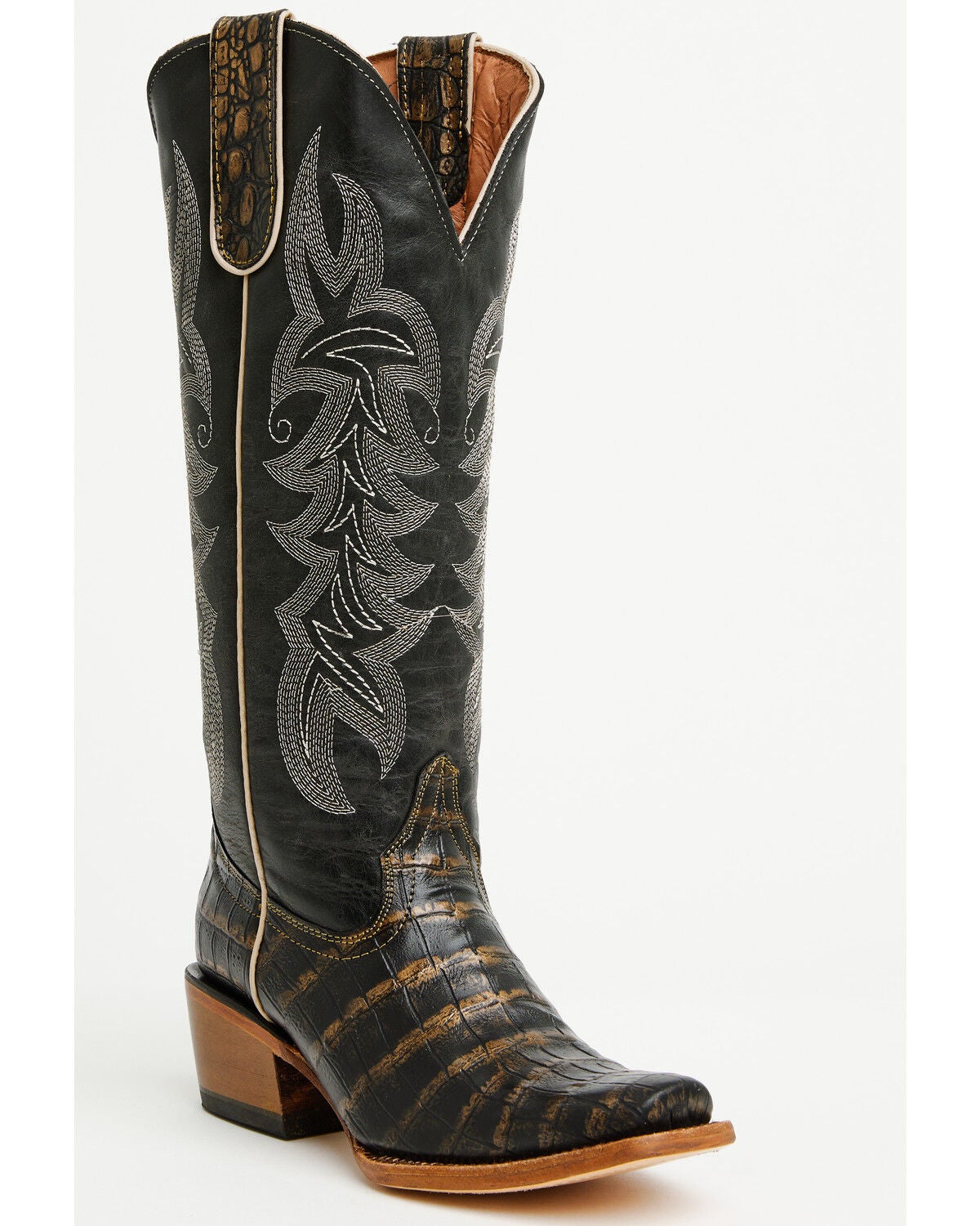 Tanner Mark Women's Caiman Print Tall Western Boots - Square Toe, Black, hi-res