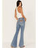 Image #1 - Shyanne Women's Chevron Embroidered Light Wash Mid Rise Flare Jeans, Light Wash, hi-res