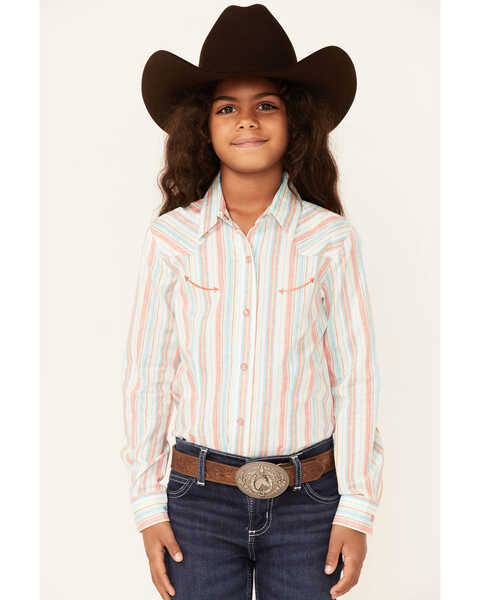 Cruel Girl Girl's Stripe Print Long Sleeve Pearl Snap Western Shirt, Multi, hi-res