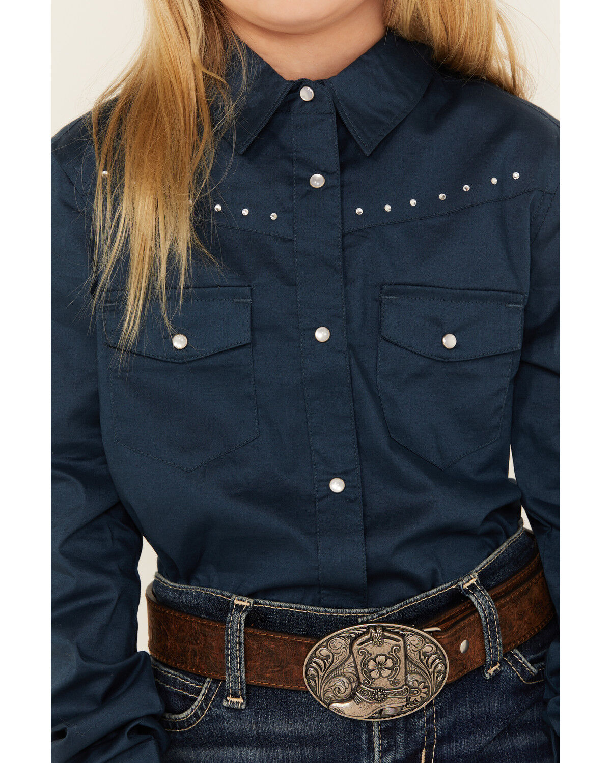 Image #3 - Shyanne Girls' Solid Rhinestone Long Sleeve Snap Stretch Western Shirt, Blue, hi-res
