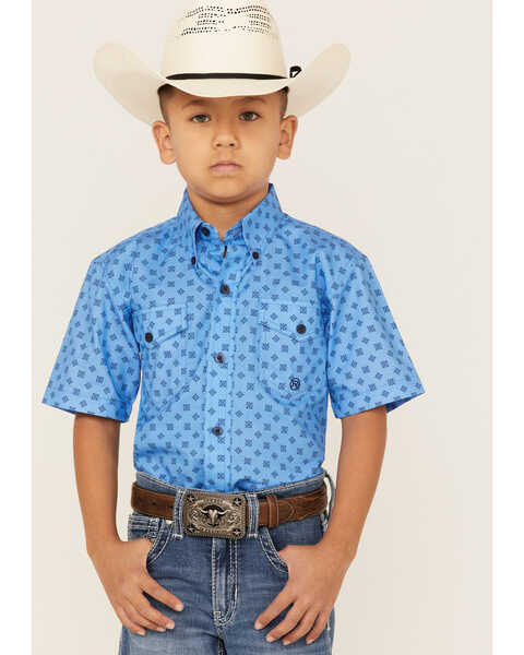 Roper Boys' Amarillo Geo Print Short Sleeve Western Button-Down Shirt, Blue, hi-res