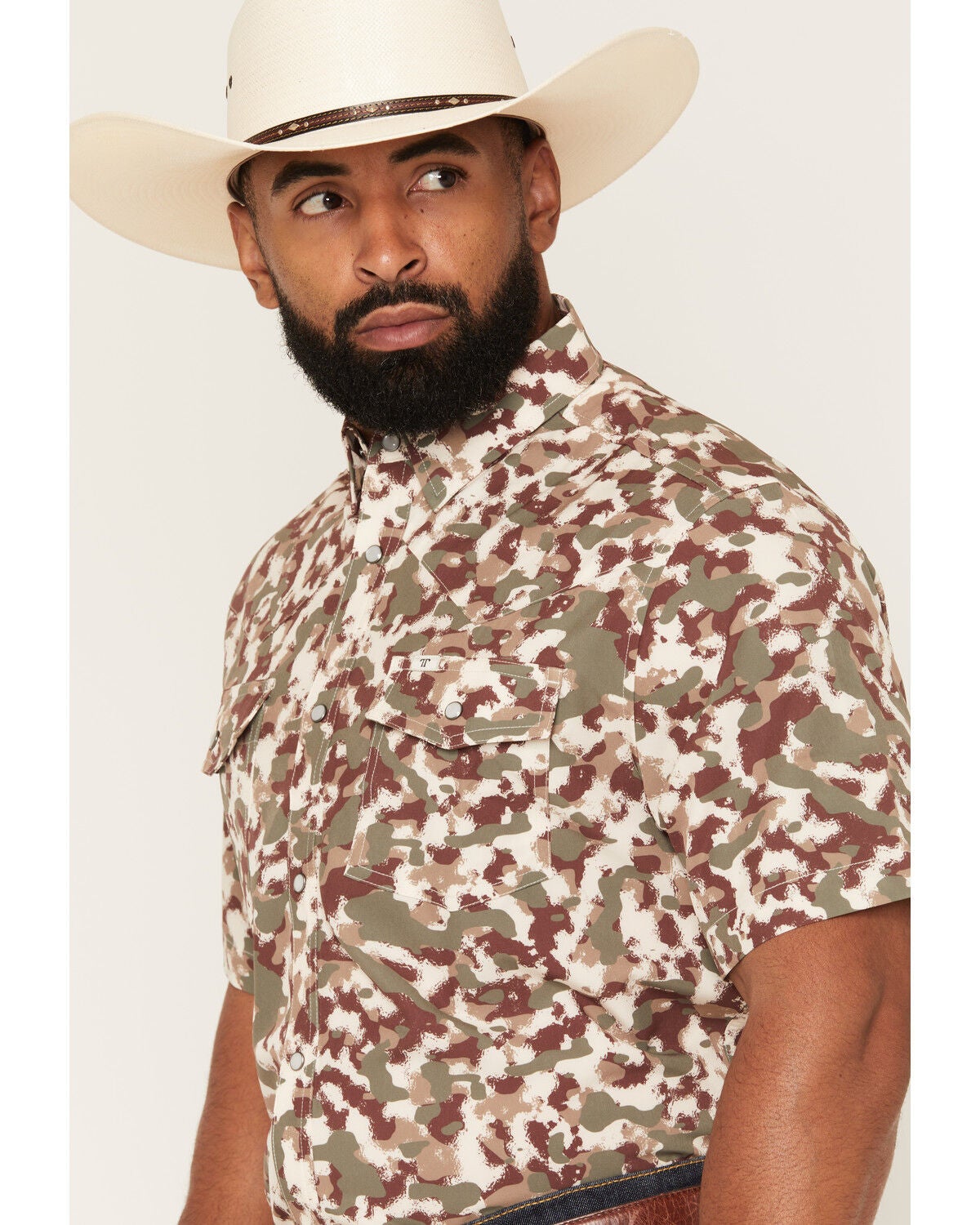 Image #2 - Ferrell Men's Tek Camo Print Short Sleeve Pearl Snap Stretch Performance Western Shirt, Brown, hi-res