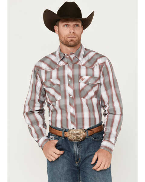 Cowboy Hardware Men's Hombre Plaid Print Long Sleeve Pearl Snap Western Shirt, Grey, hi-res