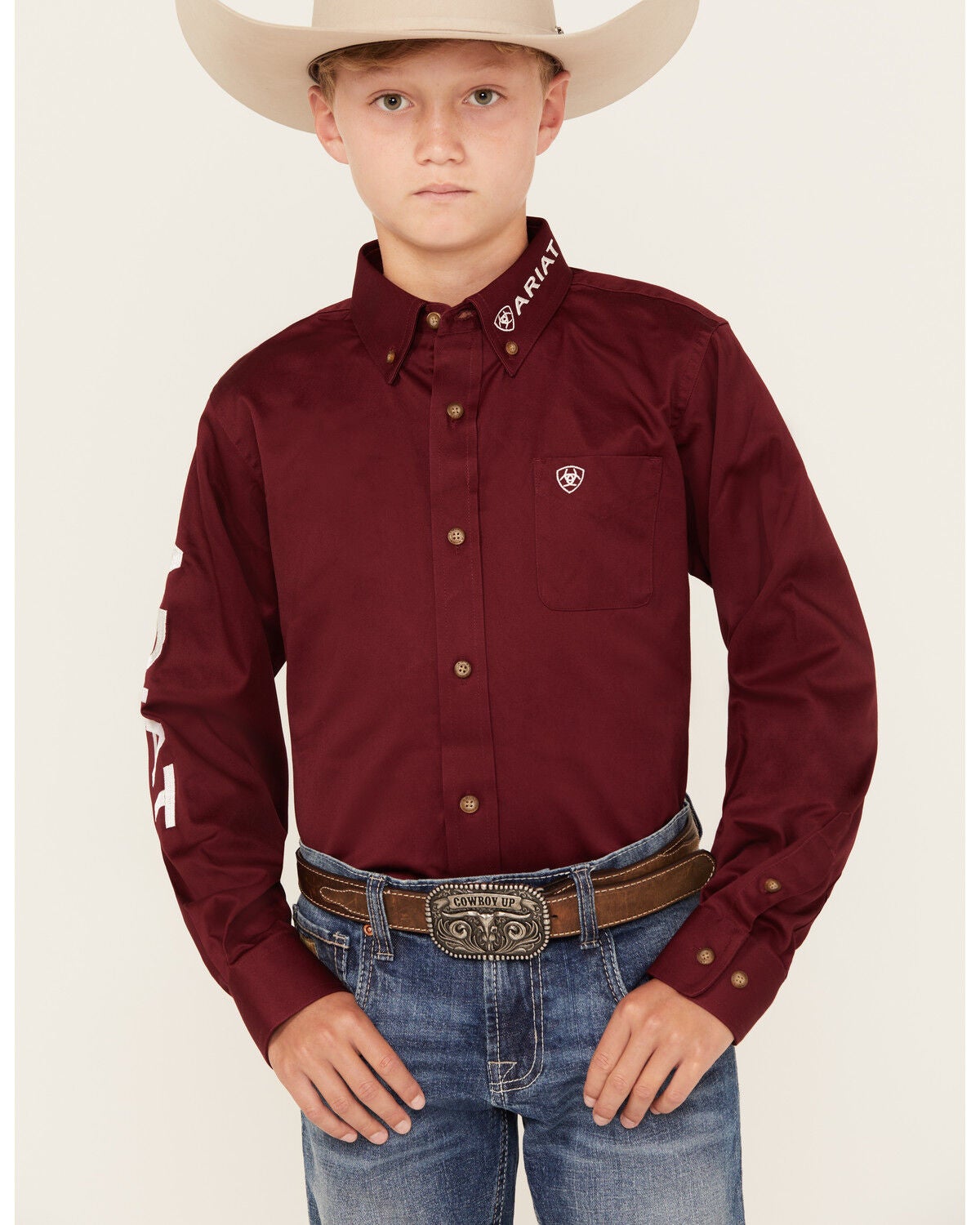 Ariat Boys' Solid Logo Team Long Sleeve Button-Down Western Shirt, Burgundy, hi-res