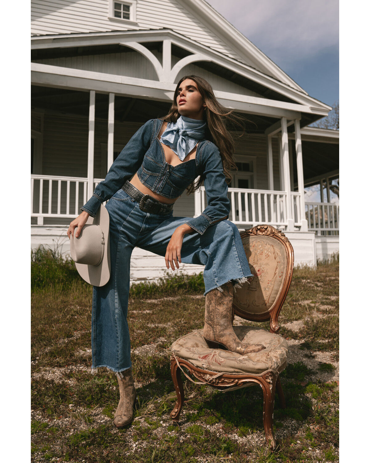 Image #1 - Shyanne Women's Medium Wash Denim Cropped Long Sleeve Corset Top, Dark Medium Wash, hi-res