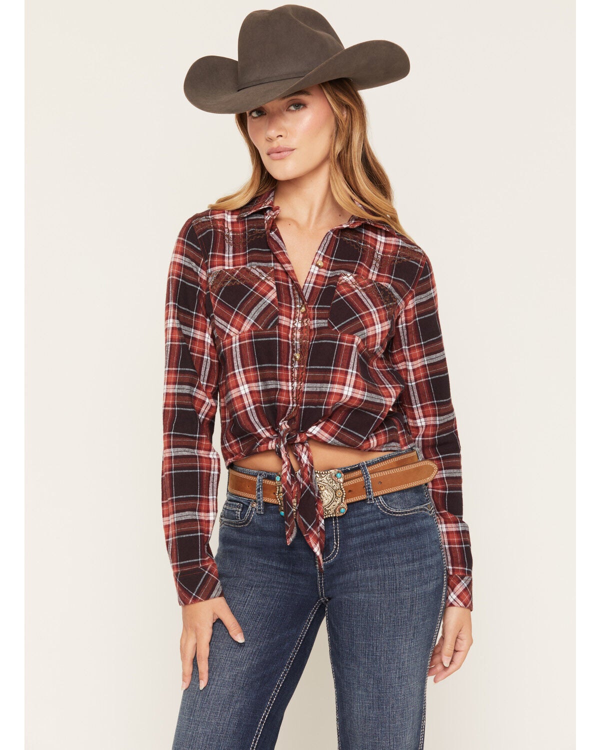 Shyanne Women's Hansen Embroidered Plaid Print Long Sleeve Button-Down Tie-Front Top, Saddle, hi-res