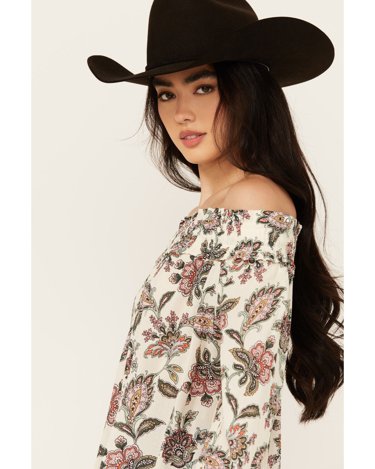 Image #2 - Wild Moss Women's Floral Print Long Sleeve Off The Shoulder Shirt, Ivory, hi-res
