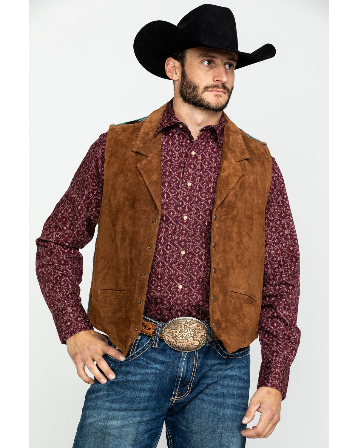 Scully Leatherwear Men's Southwestern Knit Back Suede Vest, Brown, hi-res