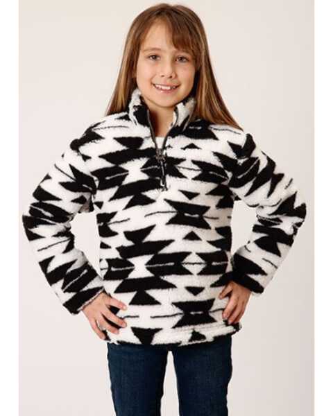 Roper Girls' Southwestern Print Fuzzy Polar Fleece Pullover, Black, hi-res