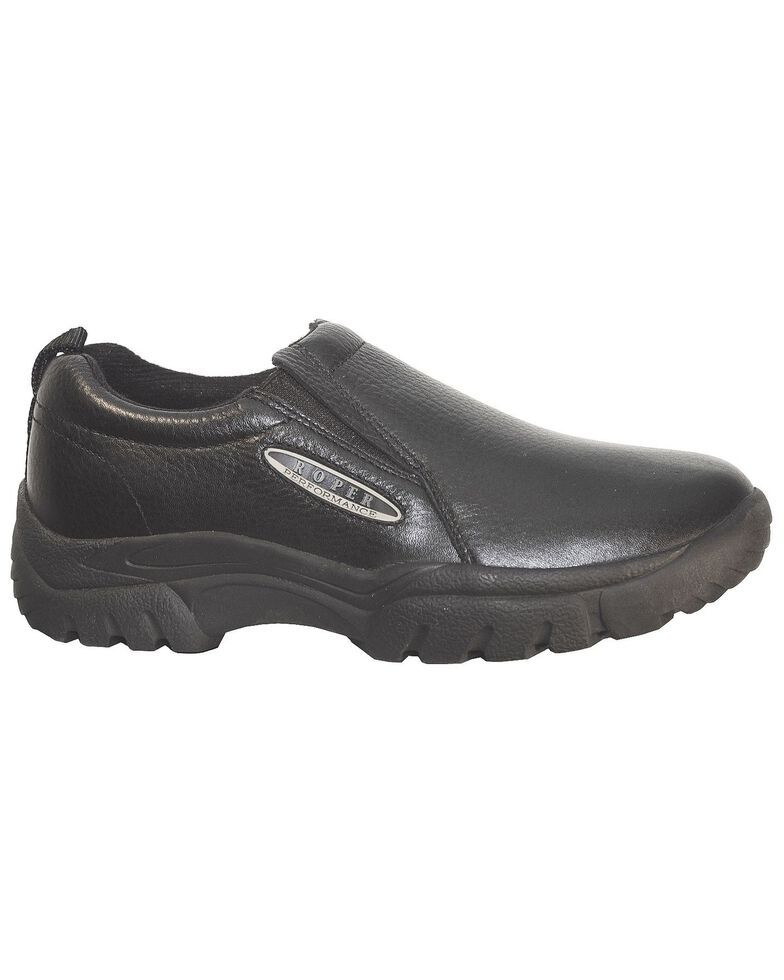 Roper Performance Smooth Leather Slip-On Shoes - Round Toe, Black, hi-res