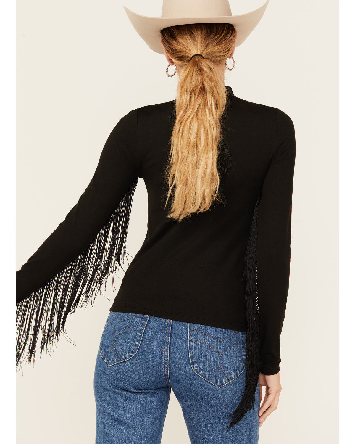 Image #4 - Rock & Roll Denim Women's Solid Fringe Long Sleeve Shirt, Black, hi-res