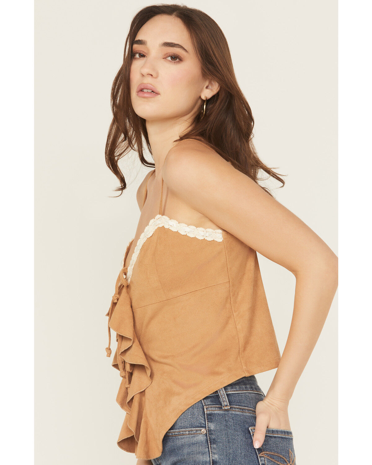Image #2 - Originality Women's Faux Suede Lace Trim Tank Top, Camel, hi-res