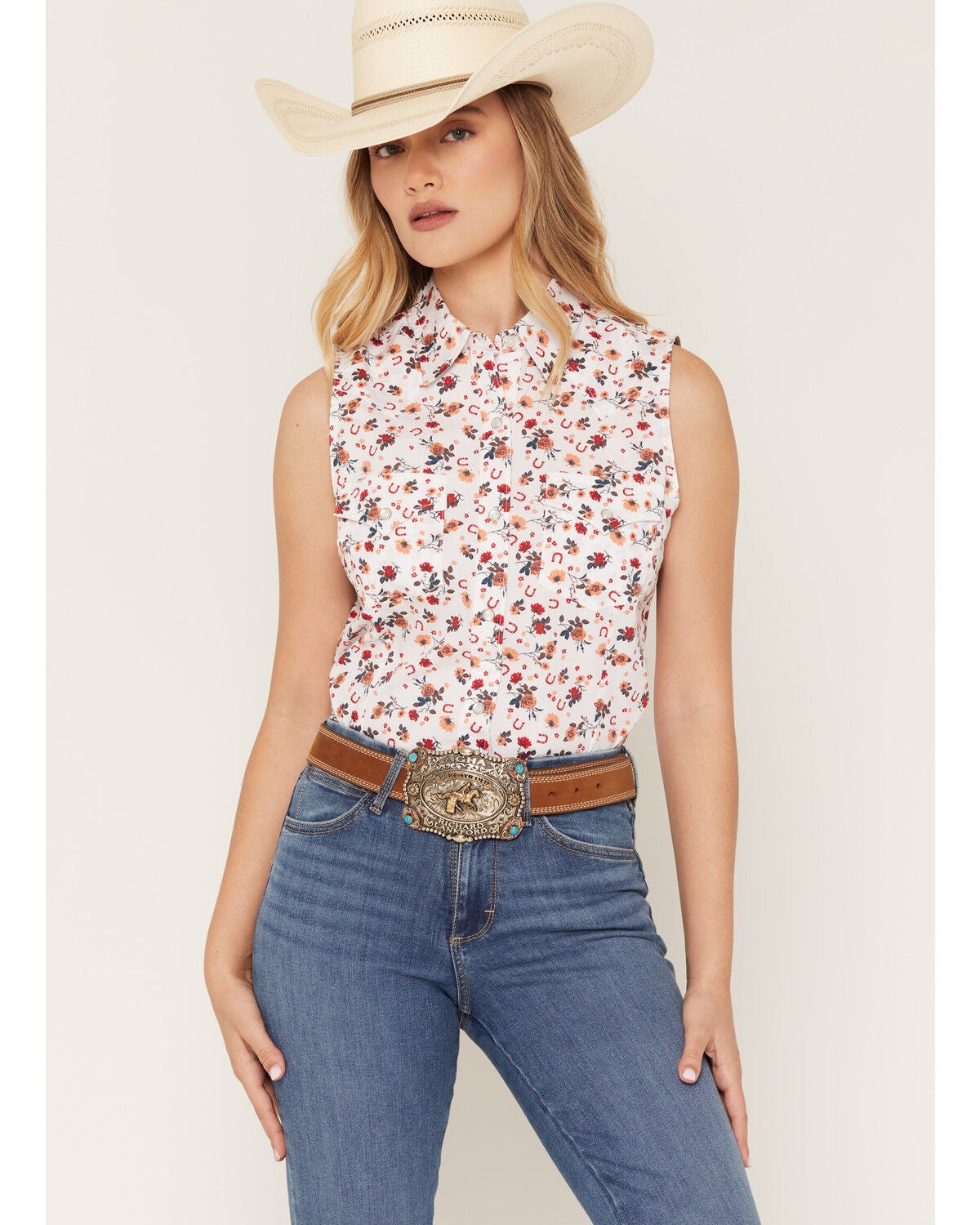 Image #1 - Wrangler Retro Women's Boot Barn Exclusive Horseshoe Floral Print Sleeveless Pearl Snap Western Shirt, White, hi-res