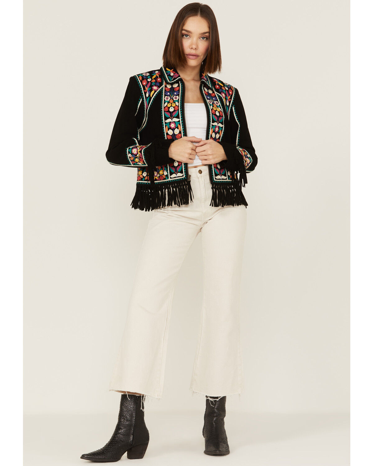 Image #2 - Double D Ranch Women's Justyna Embroidered Fringe Suede Jacket, Black, hi-res