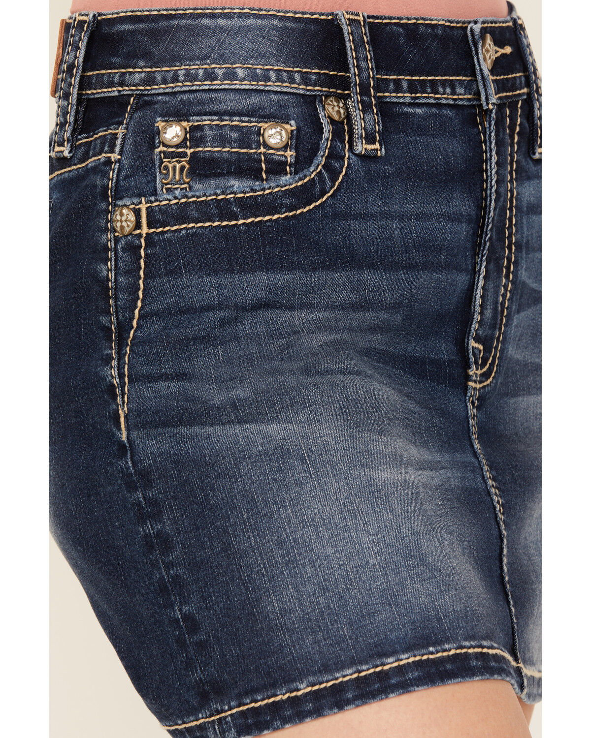 Image #4 - Miss Me Women's Dark Wash Embroidered Pocket Stretch Denim Mini Skirt, Dark Wash, hi-res