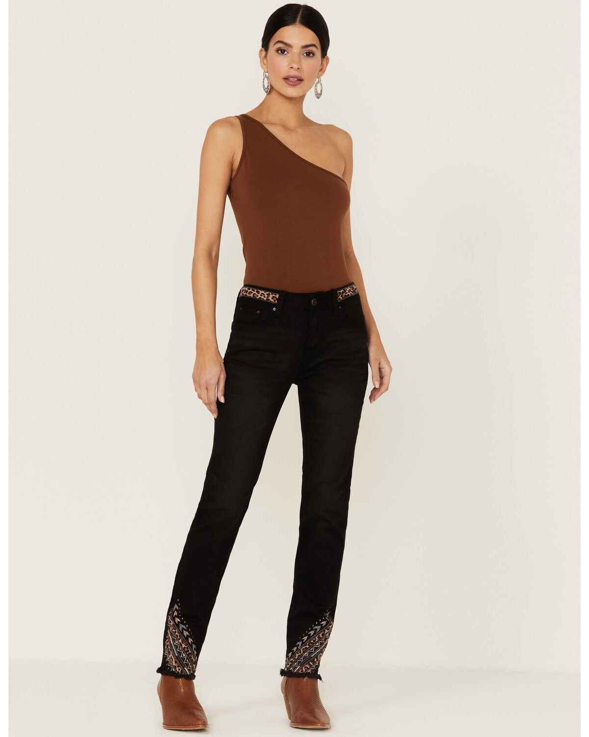 Grace in LA Women's Embroidered Cheetah Print Black Skinny Jeans, Blue, hi-res