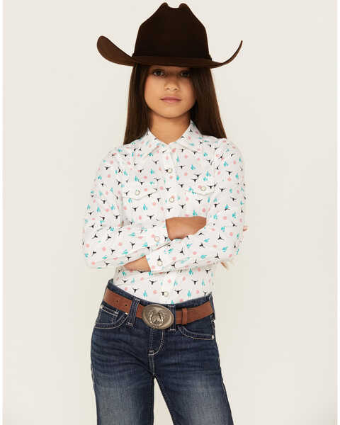 Image #1 - Ariat Girls' Steer Head Conversation Print Long Sleeve Snap Stretch Western Shirt , Multi, hi-res