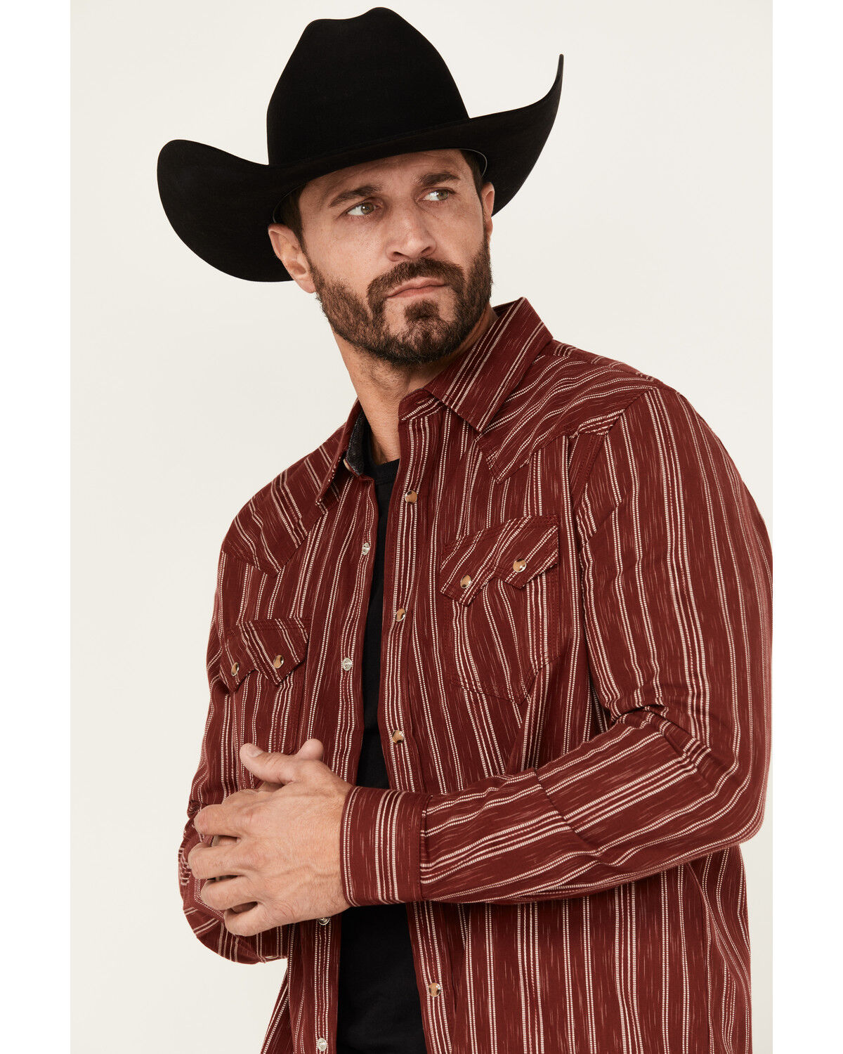 Image #2 - Moonshine Spirit Men's El Jefe Dobby Striped Print Long Sleeve Snap Western Shirt, Burgundy, hi-res
