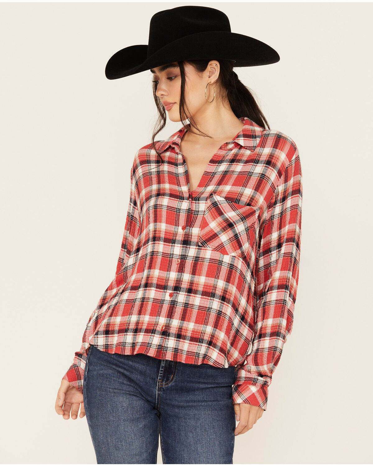 Image #1 - Beyond The Radar Women's Plaid Print Long Sleeve Button-Down Western Shirt, Red, hi-res