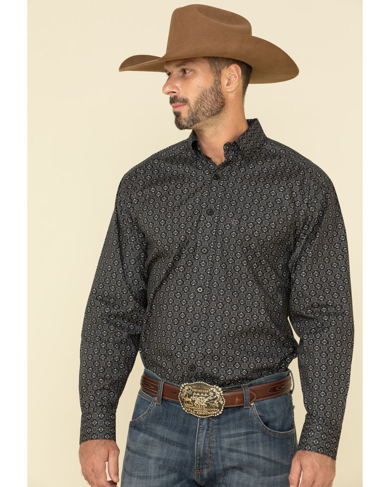 Tuf Cooper Men's Black Stretch Geo Poplin Print Long Sleeve Western Shirt , Black, hi-res