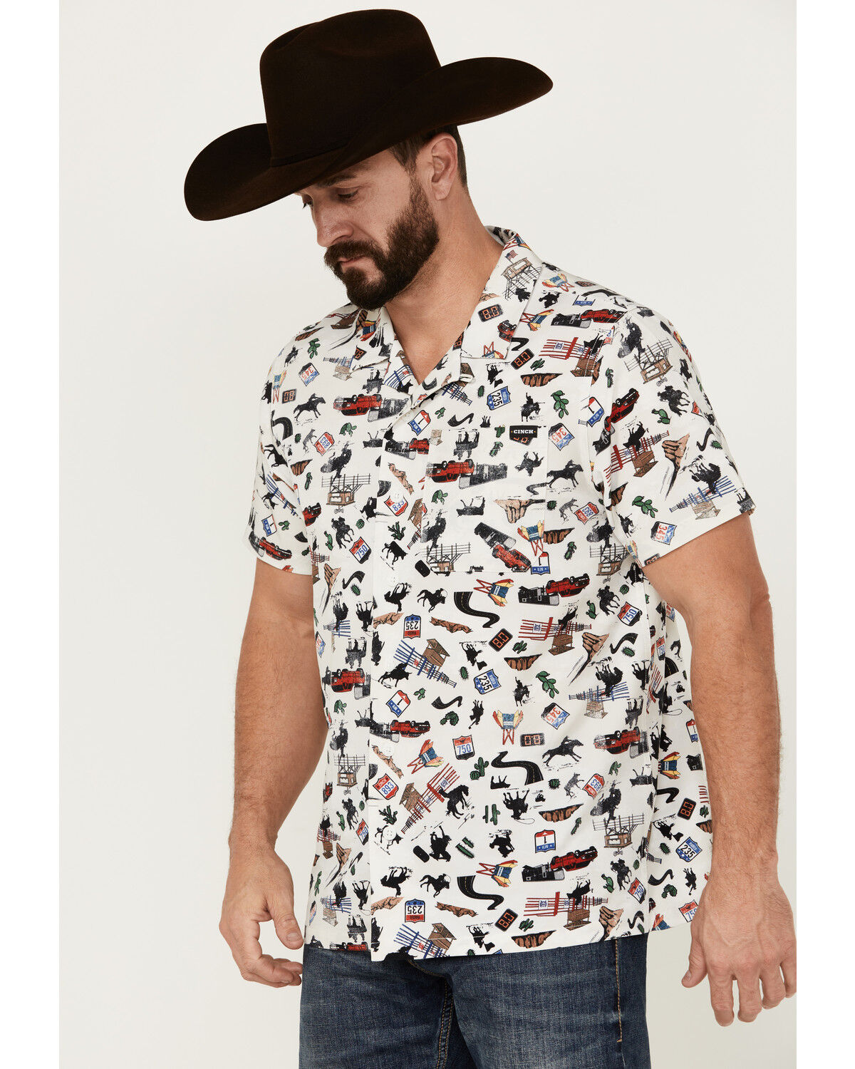 Image #2 - Cinch Men's Rodeo Conversational Print Short Sleeve Button-Down Performance Stretch Western Shirt, White, hi-res