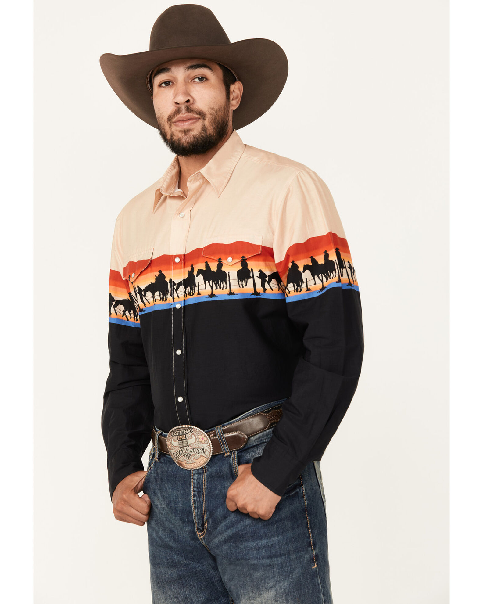 Roper Men s Vintage Cowboy Print Long Sleeve Pearl Snap Western Shirt