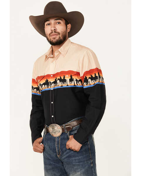 Roper Men's Vintage Cowboy Print Long Sleeve Pearl Snap Western Shirt, Black, hi-res