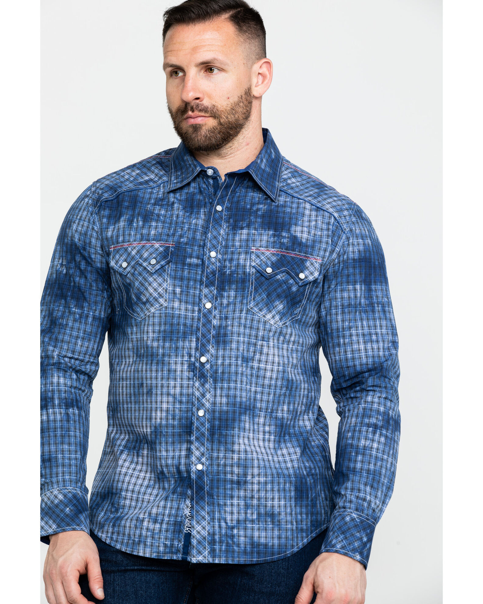 Image #1 - Rock & Roll Denim Men's Spray Washed Satin Plaid Long Sleeve Western Shirt, Blue, hi-res