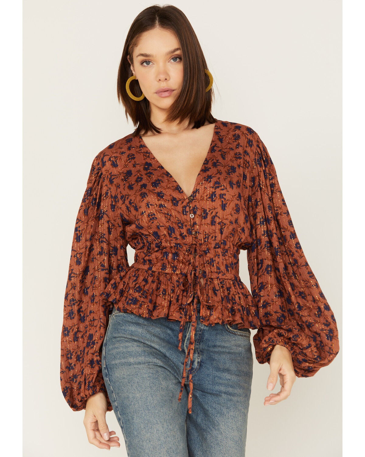 Jen's Pirate Booty Women's Floral Print Long Sleeve Wildflower Tarot Top, Rust Copper, hi-res
